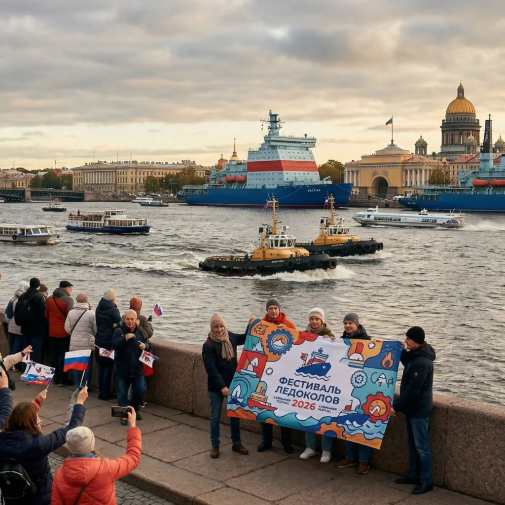 Зрители с ярким баннером на Фестивале ледоколов на Неве: масштабная весна в Петербурге 2026
