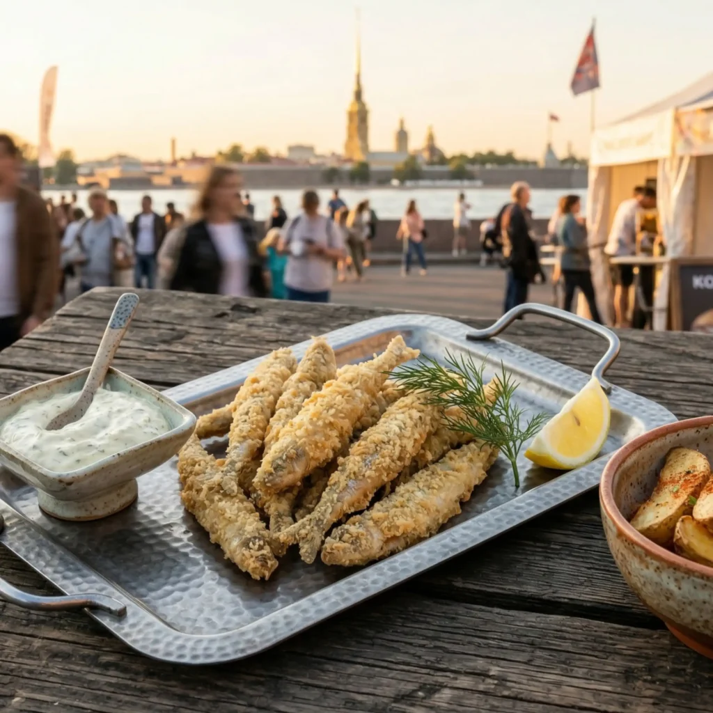 Традиционная жареная корюшка на фоне Петропавловской крепости: самая вкусная весна в Петербурге 2026