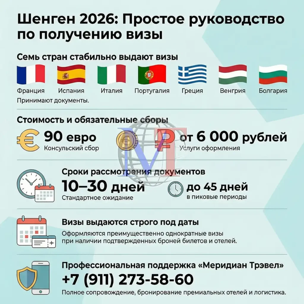 Подробная инфографика от Меридиан Трэвел: как быстро оформить шенген 2026, сроки и стоимость