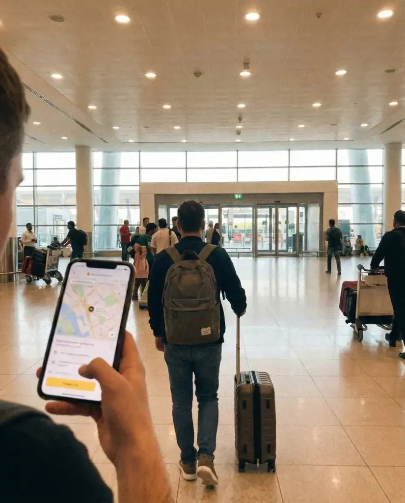 Мужчина с чемоданом в аэропорту открывает приложение: Яндекс Go в ОАЭ для заказа авто