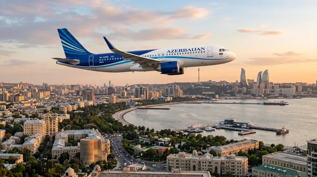 Самолёт Azerbaijan Airlines над Баку и побережьем Каспийского моря