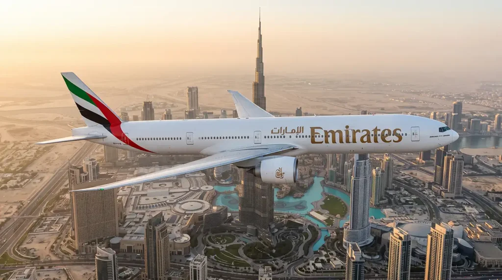 Самолёт Emirates над Дубаем с видом на Бурдж-Халифа