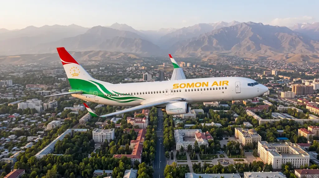 Самолёт Somon Air над Душанбе на закате