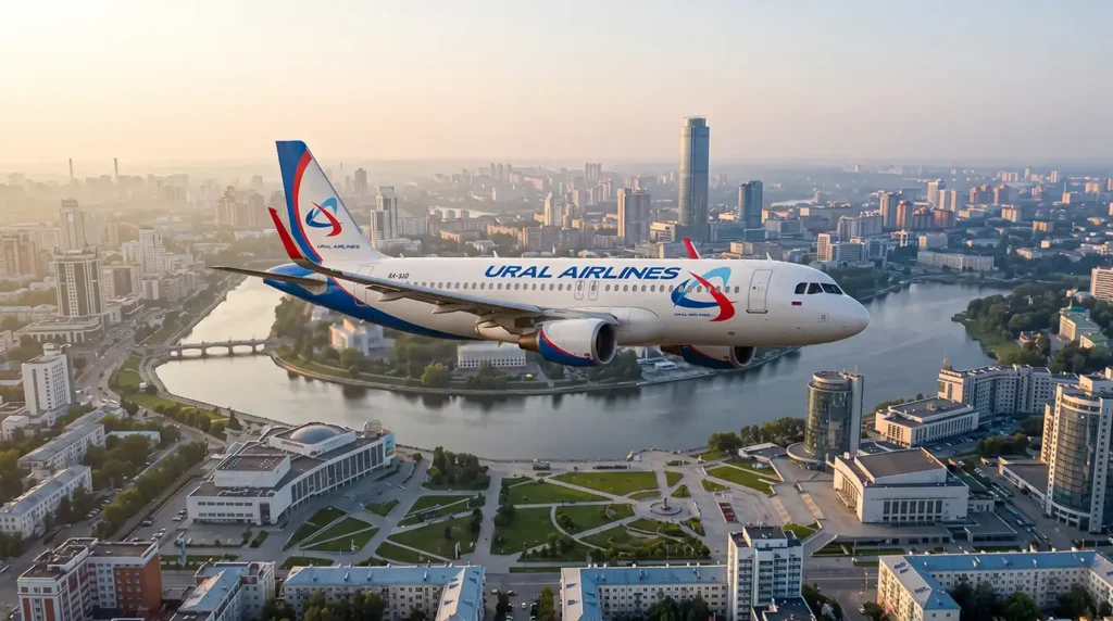 Самолёт Ural Airlines над Екатеринбургом с видом на реку Исеть и городской центр