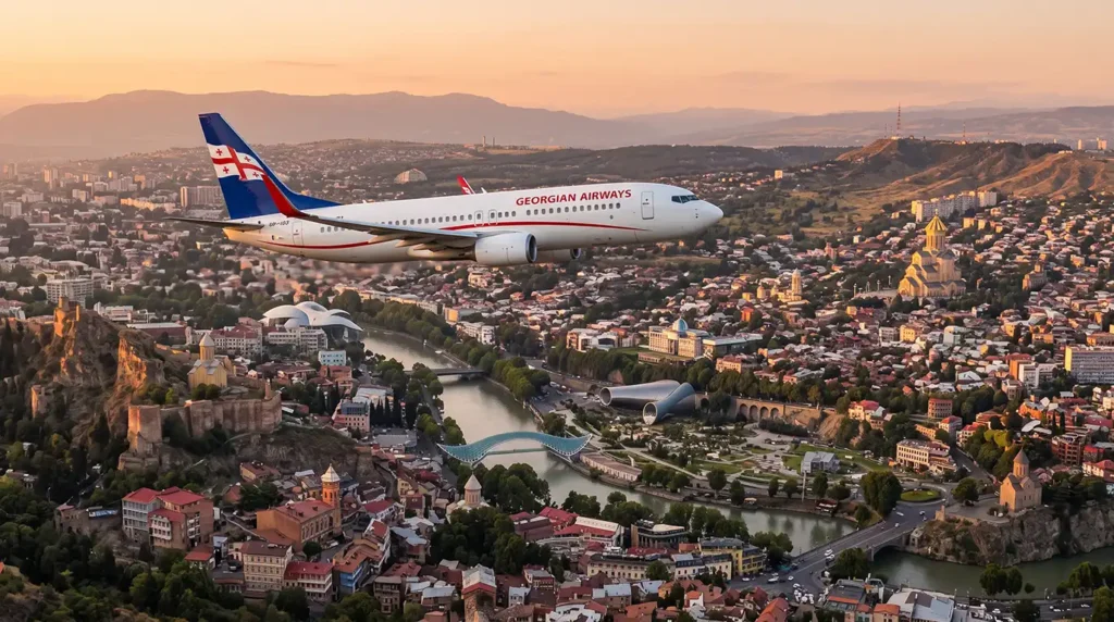 Самолёт Georgian Airways над Тбилиси и рекой Мтквари