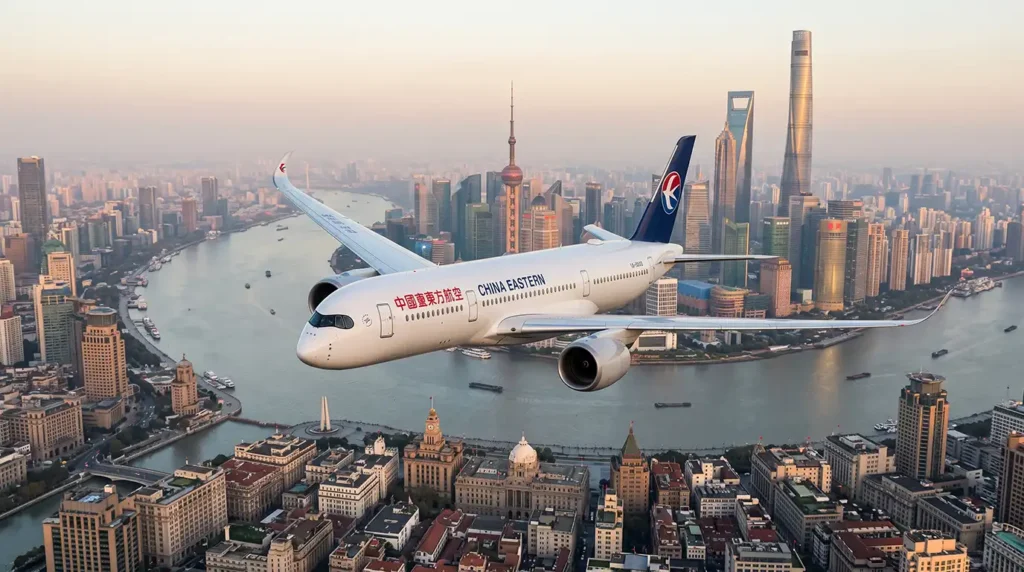 Самолёт China Eastern Airlines над рекой Хуанпу и Шанхаем