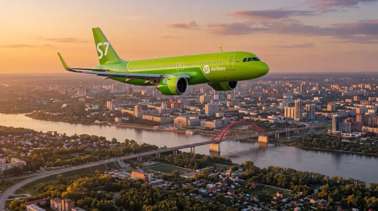 Зелёный самолёт S7 Airlines над рекой Обь и Бугринским мостом в Новосибирске