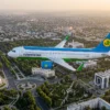 Самолёт Uzbekistan Airways в фирменной окраске над Ташкентом