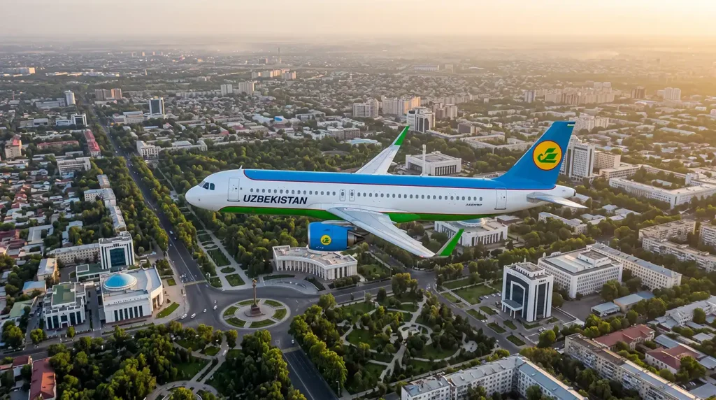 Самолёт Uzbekistan Airways в фирменной окраске над Ташкентом