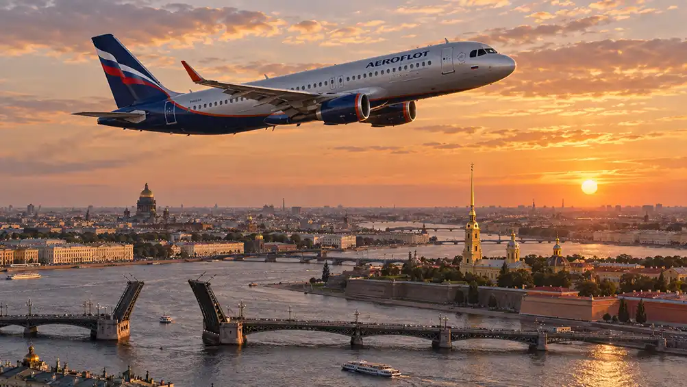 Самолёт над Санкт-Петербургом на закате – обложка страницы «Авиабилеты в Санкт-Петербург»